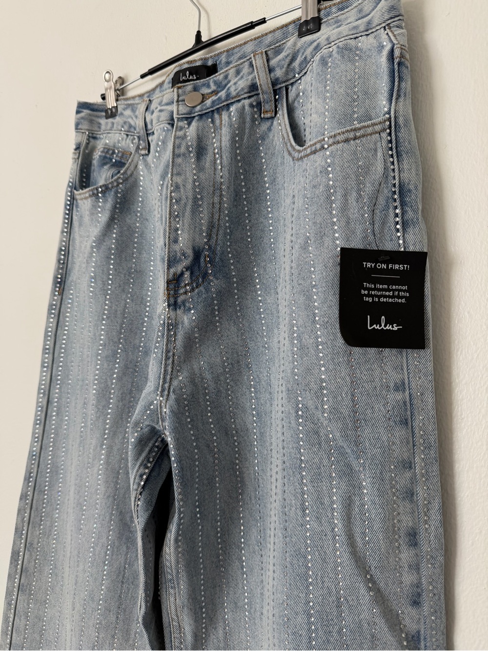 Lulus Rhinestone Wide Leg Jeans Light Wash NWT - Picture 7 of 8
